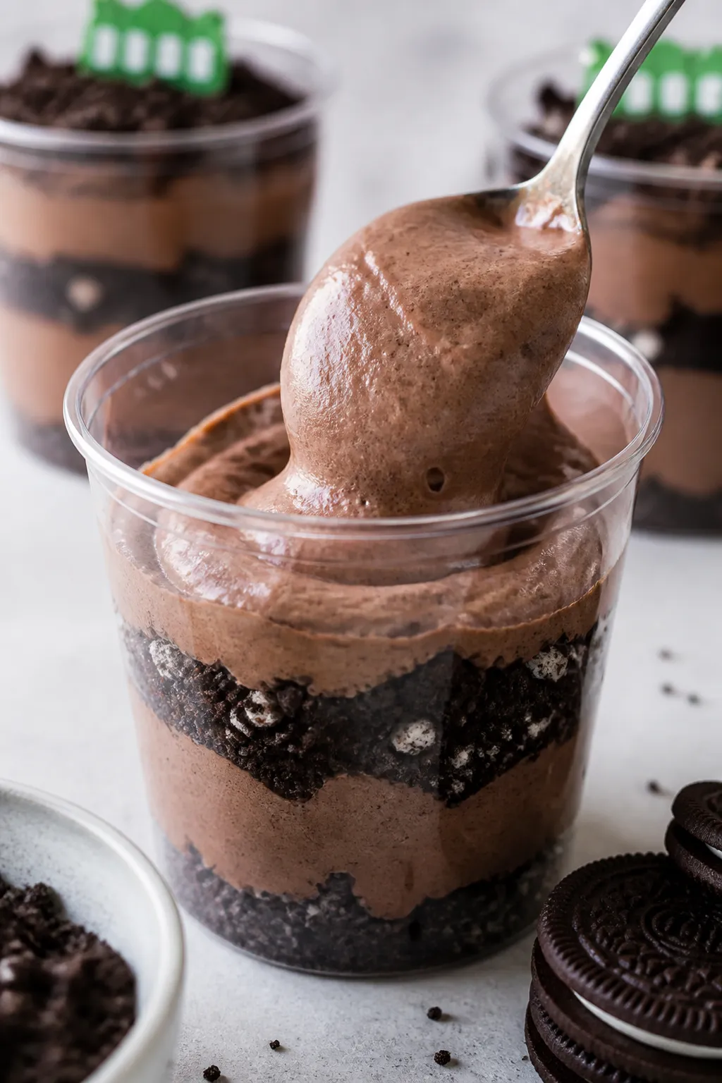 Close-up detail: A chilled Football Dirt Cup mid-assembly with a spoon gently folding airy chocolate