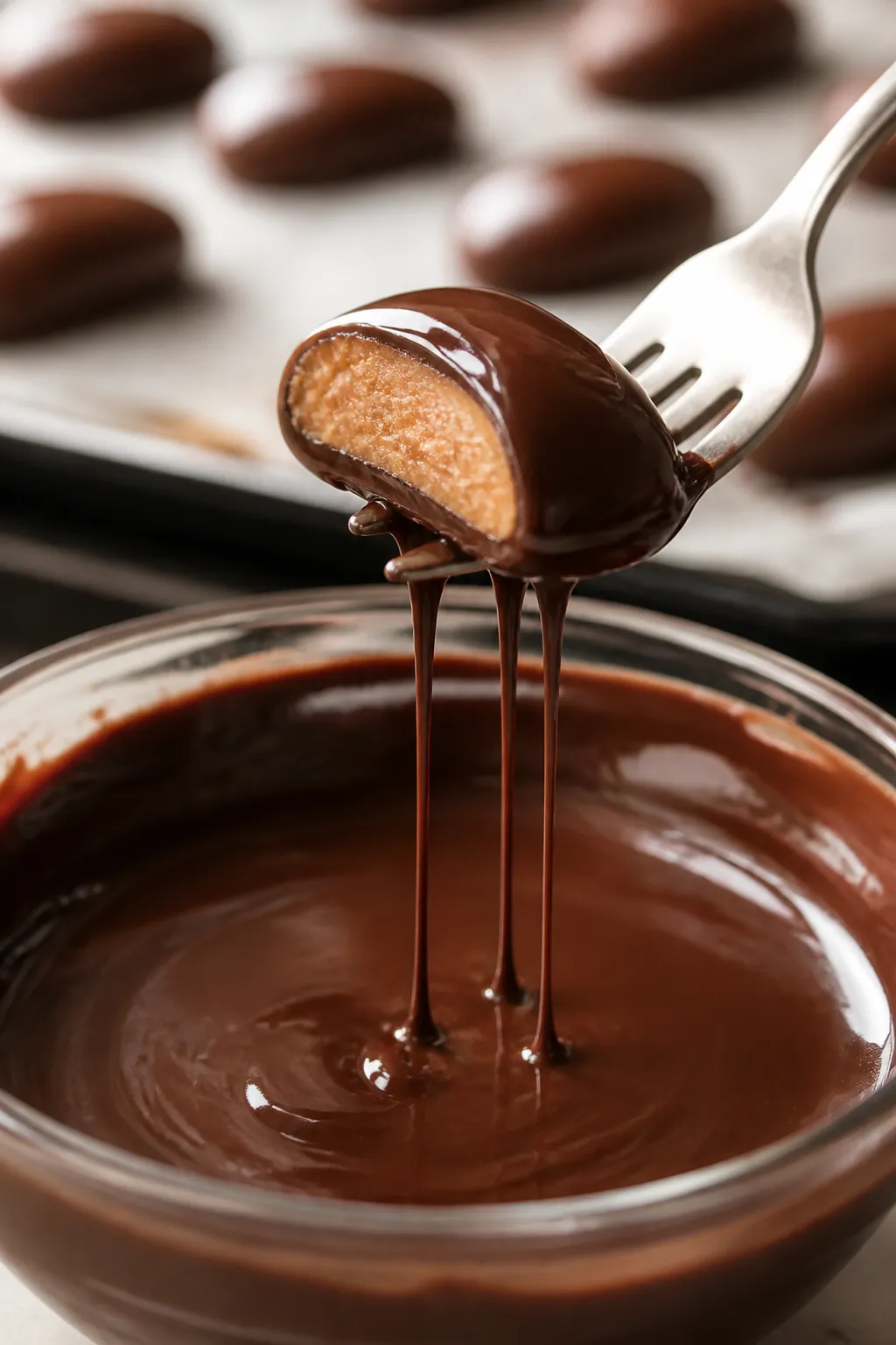 Close-up detail: A chilled peanut butter “football” being dipped into glossy melted semi-sweet c