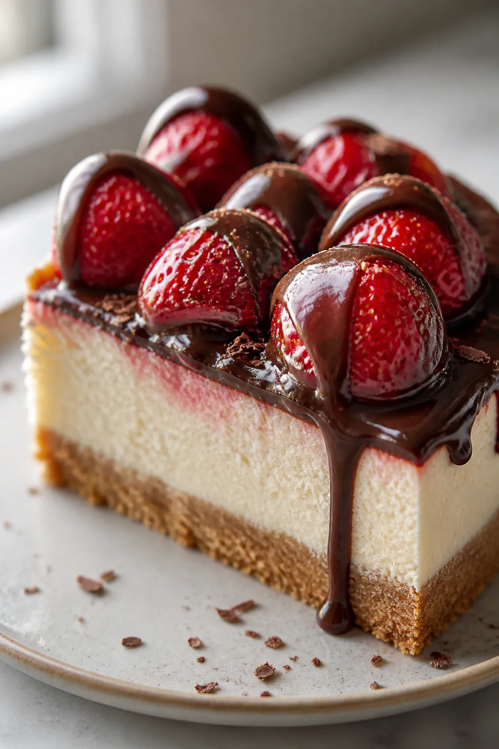 Close-up detail: A chilled slice of chocolate covered strawberry cheesecake just after slicing, show
