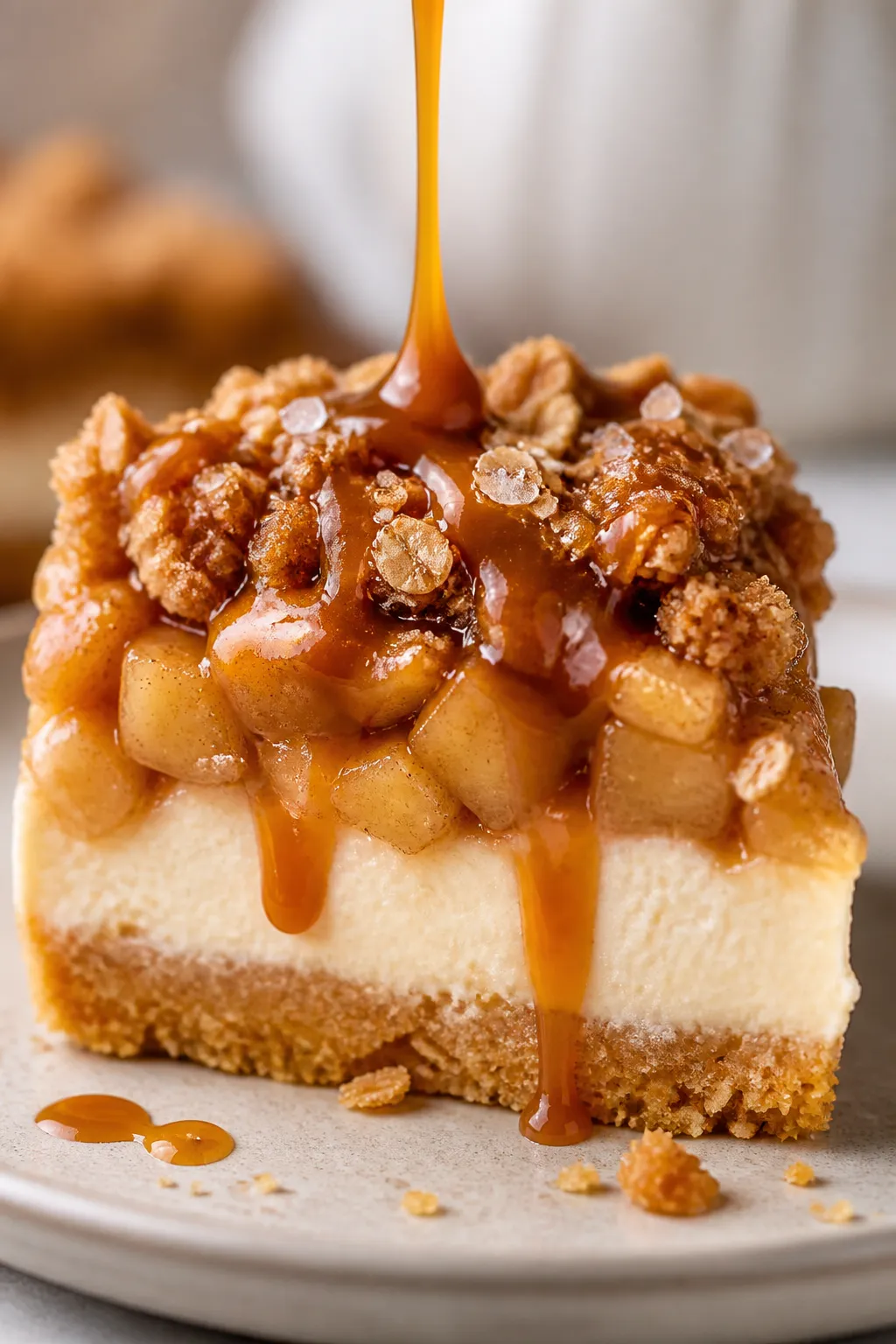 Close-up detail: A clean slice of Caramel Apple Cheesecake Bar just after chilling, showing distinct