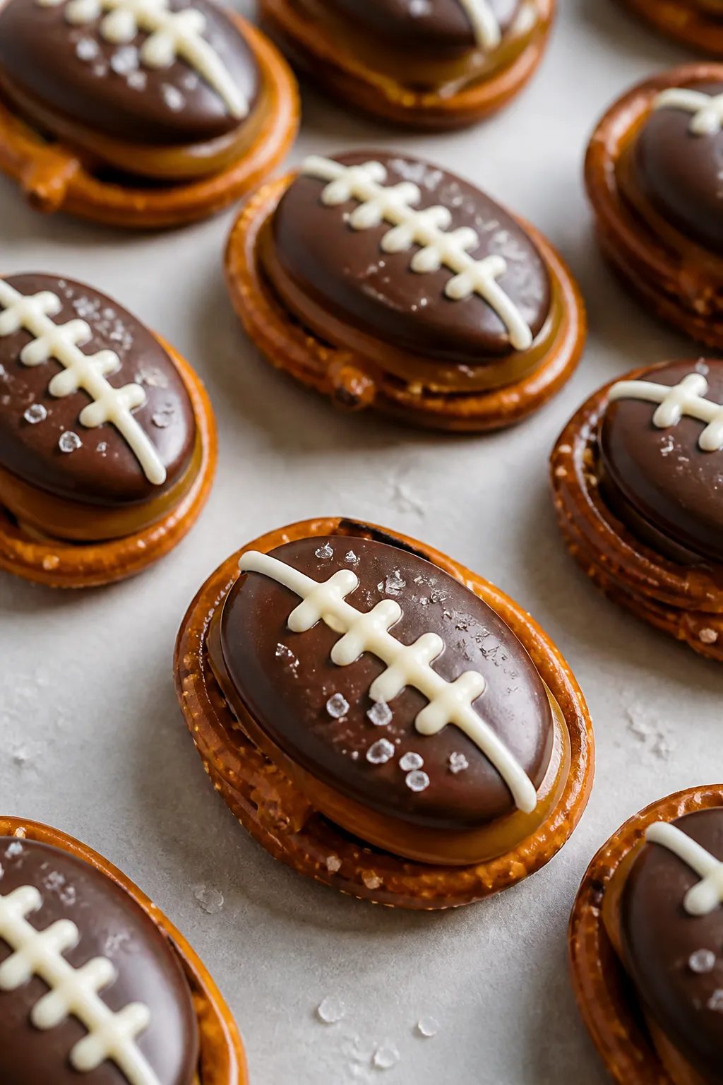 Close-up detail: A cluster of finished football caramel pretzel bites on parchment, each a neat pret