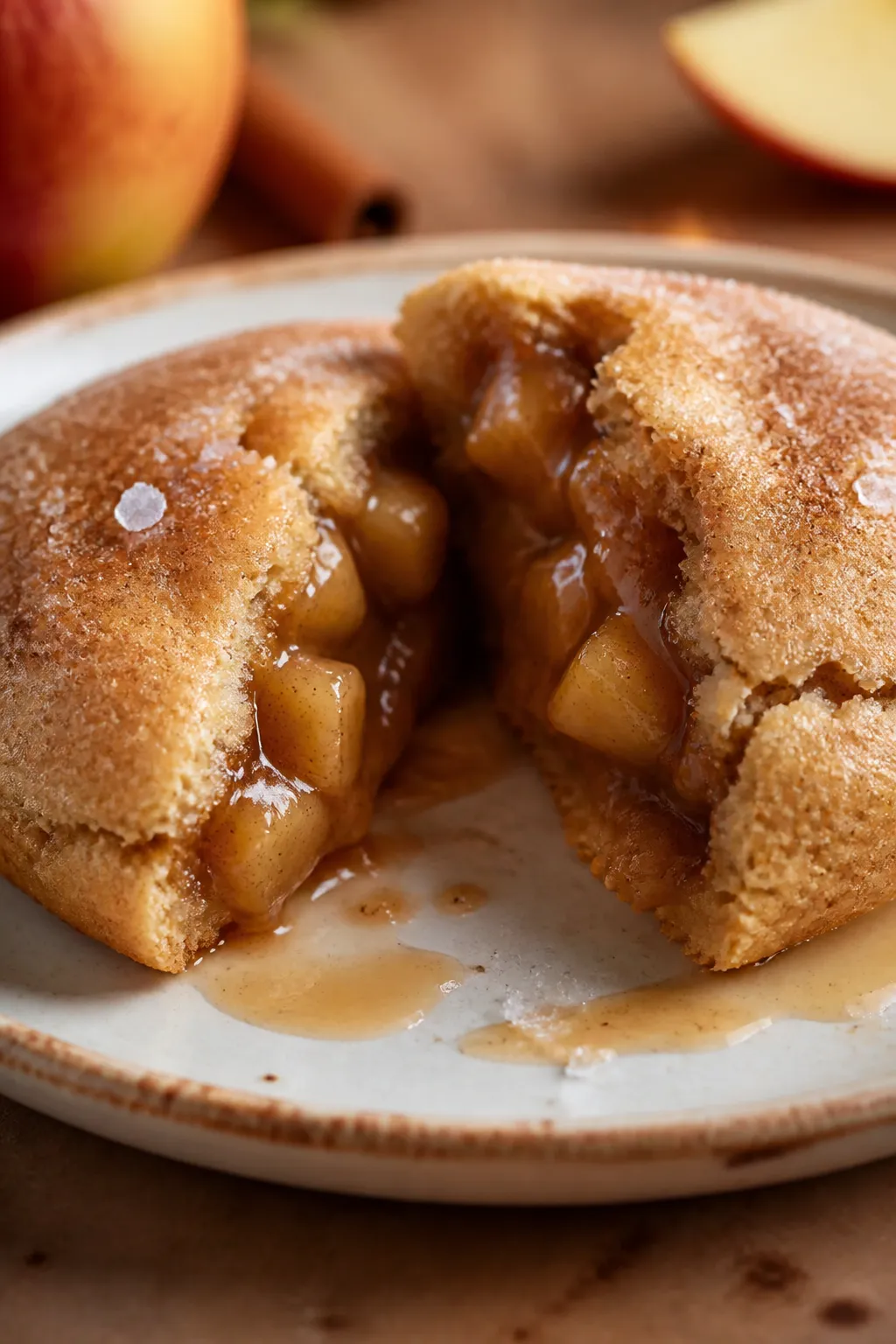 Close-up detail: A freshly baked apple pie stuffed cookie torn open to reveal a gooey, glossy apple-
