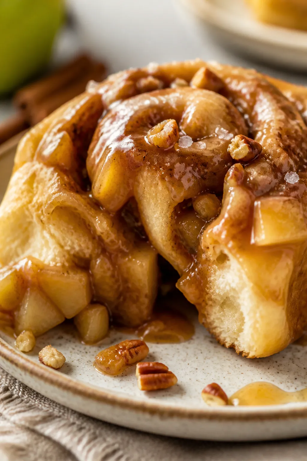 Close-up detail: A freshly baked caramel apple cinnamon roll torn open to reveal gooey spirals—sof