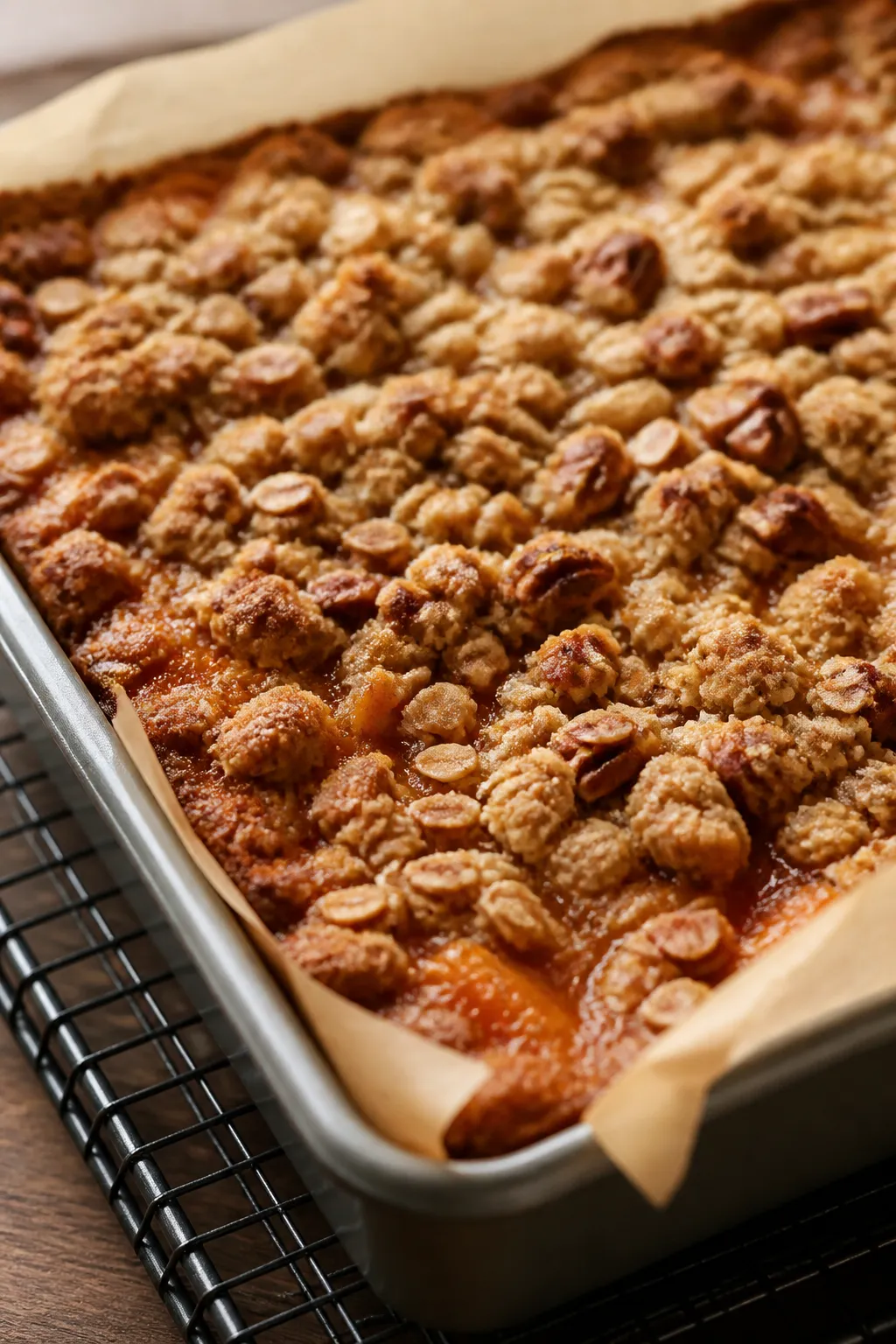 Close-up detail: A freshly baked pan of Sweet Potato Crumble Bars just out of the oven, shot at a sl