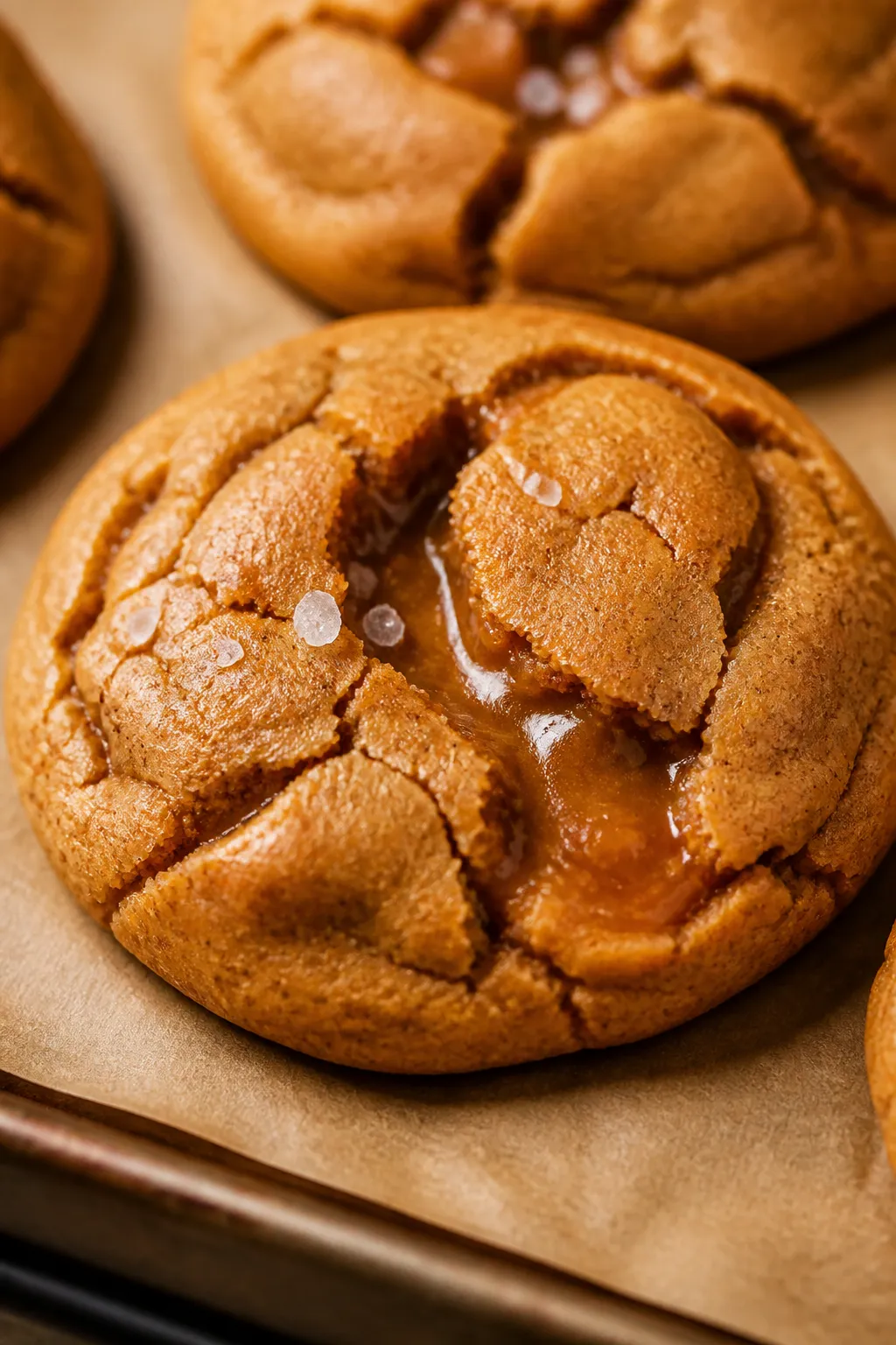 Close-up detail: A freshly baked pumpkin caramel cookie just out of the oven with crackly, cinnamon-