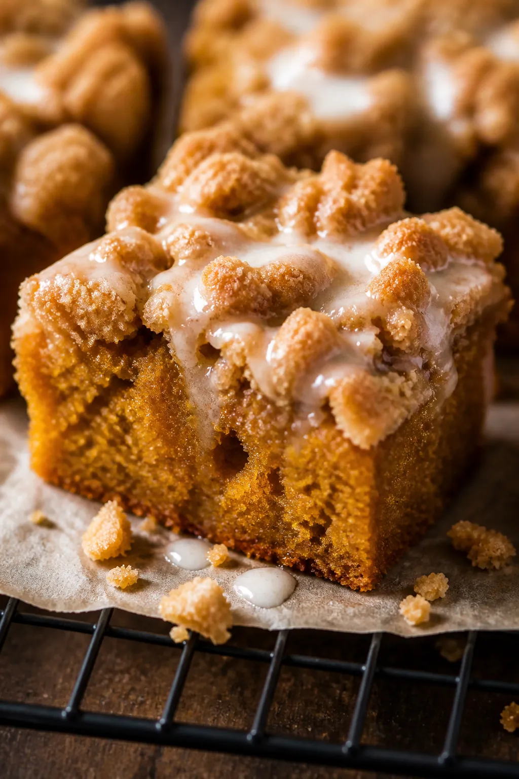 Close-up detail: A freshly baked pumpkin crumb cake square just lifted from the pan, showcasing thic
