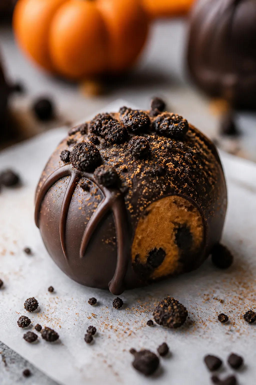 Close-up detail: A freshly dipped Pumpkin Oreo Ball resting on parchment, glossy dark chocolate shel