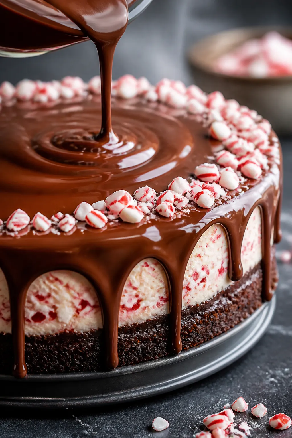 Close-up detail: A glossy chocolate ganache being poured over a fully baked and chilled peppermint c