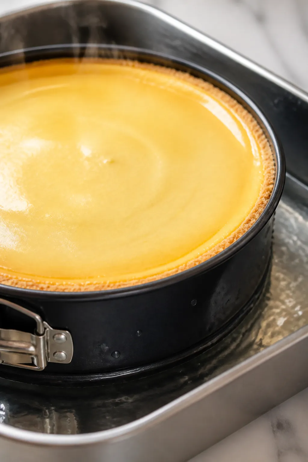 Close-up detail: A glossy, just-baked Golden Oreo cheesecake still in a 9-inch springform pan inside