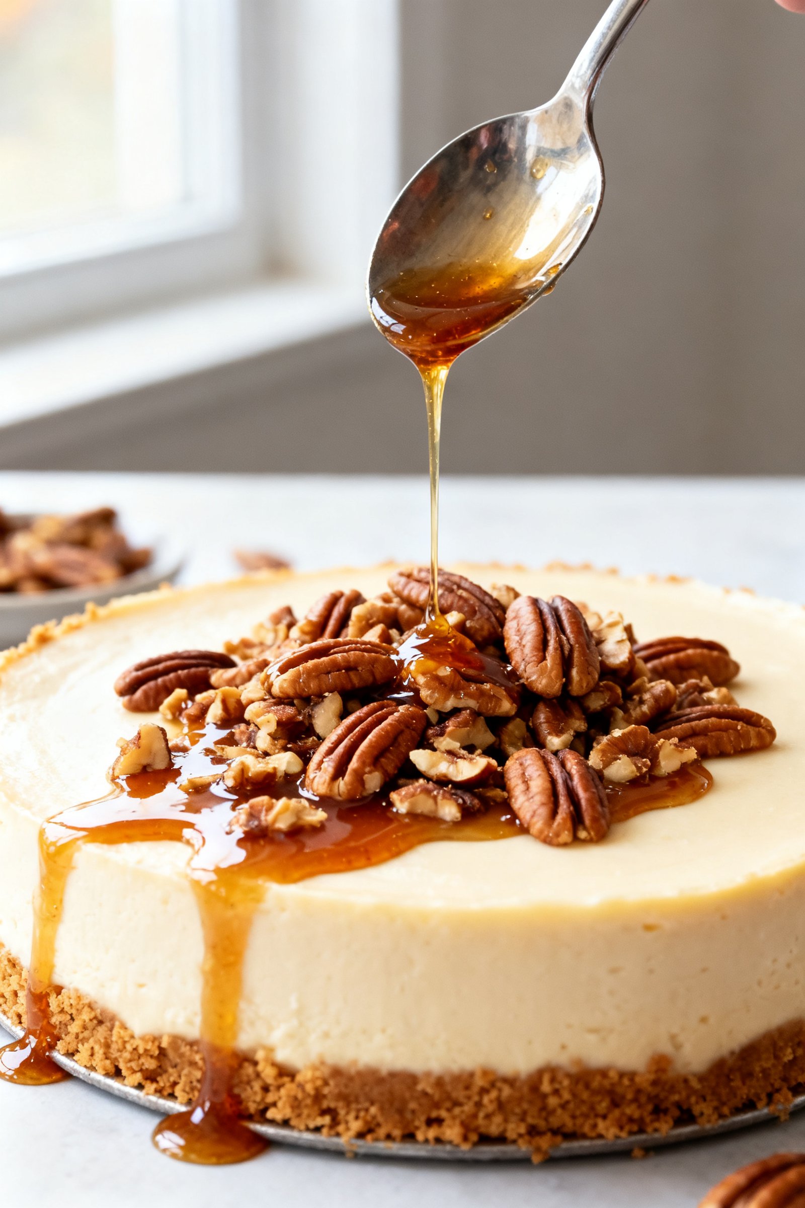 Close-up detail: A glossy maple-pecan topping being spooned over a fully chilled maple cheesecake, w
