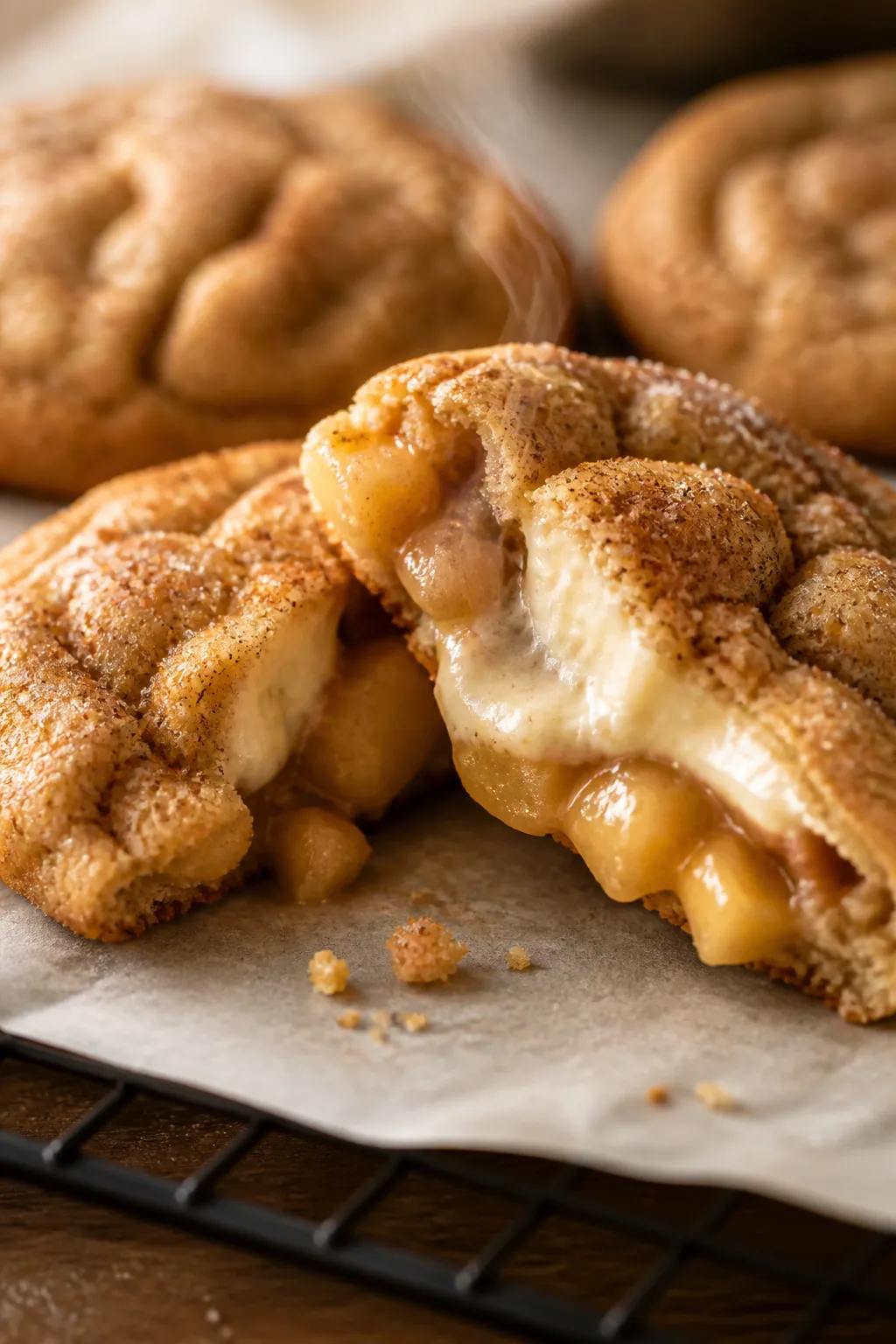 Close-up detail: A just-baked Apple Cheesecake Stuffed Cookie torn open to reveal the creamy cheesec