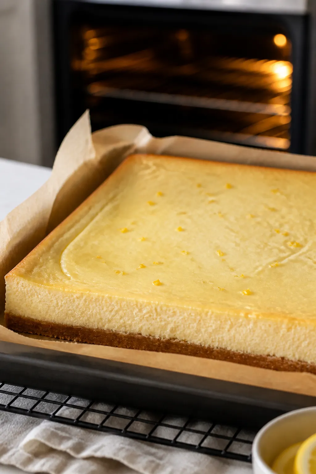 Close-up detail: A just-baked cheesecake bar slab in a parchment-lined 9x13 pan, showing a lightly g