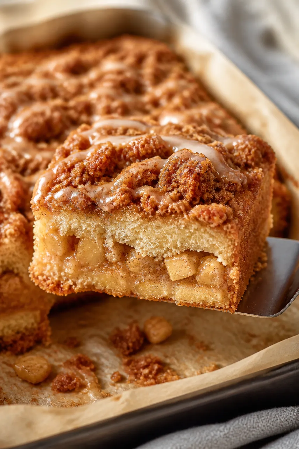 Close-up detail: A just-baked cinnamon apple crumb cake slice lifted from a 9-inch square pan, showi