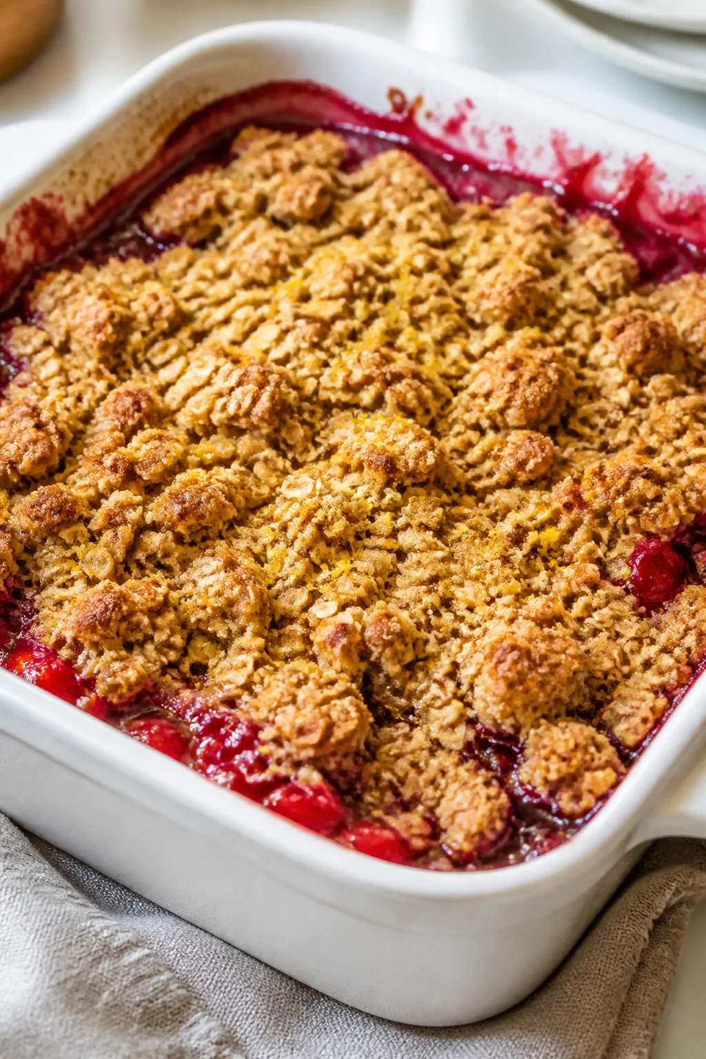 Close-up detail: A just-baked Cranberry Apple Crumble in a 9-inch square baking dish, golden-brown o
