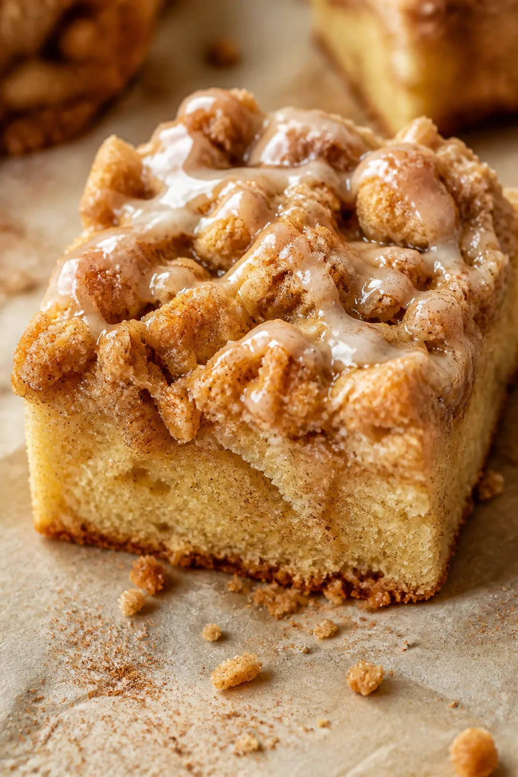 Close-up detail: A just-baked eggnog crumb cake square on parchment, thick golden-brown crumb toppin