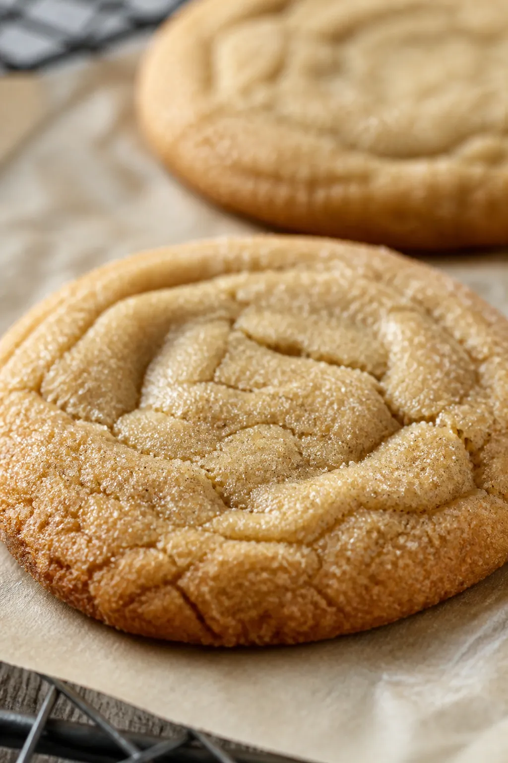 Close-up detail: A just-baked Maple Brown Sugar Cookie resting on parchment, edges lightly crisp and