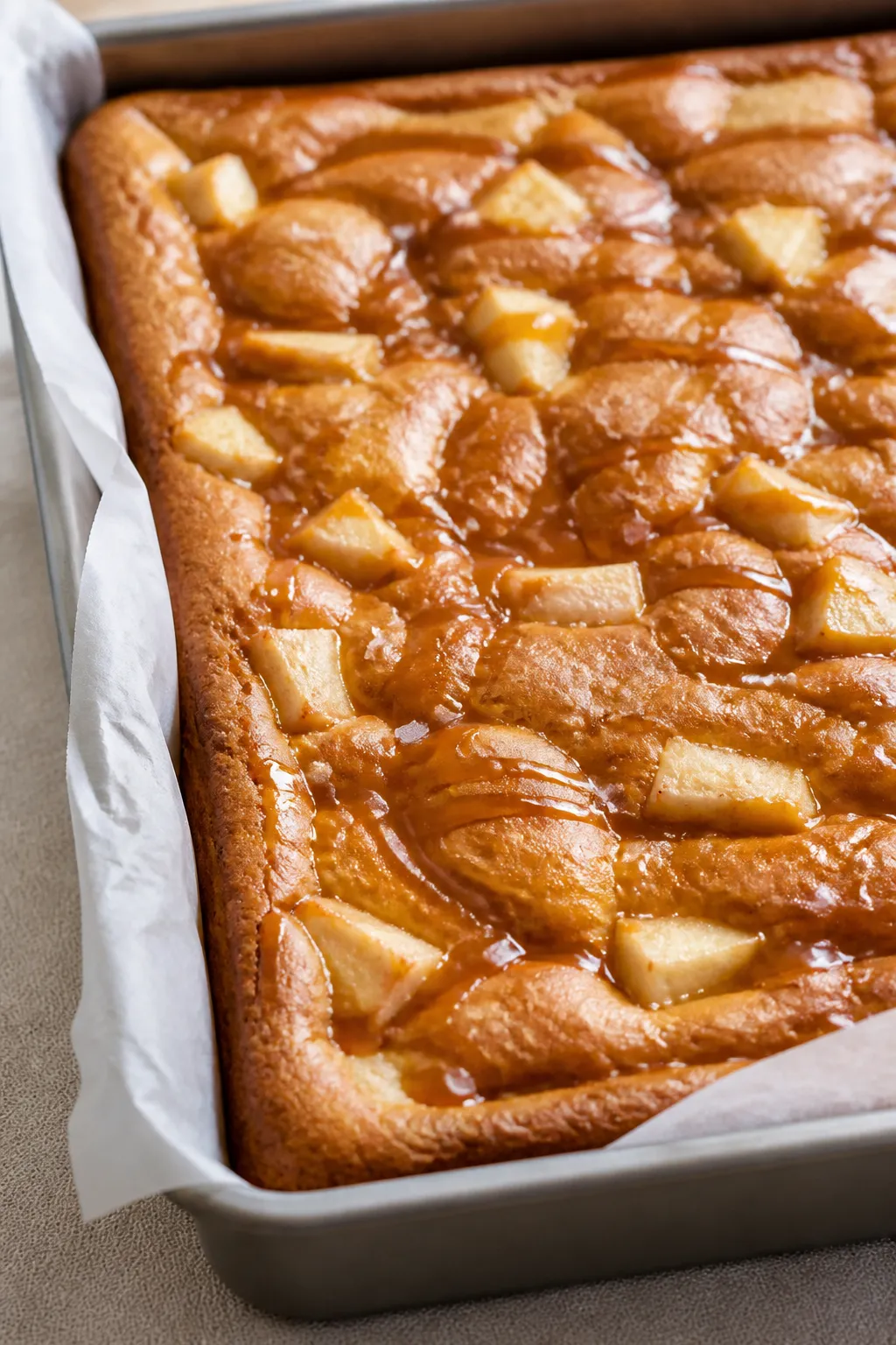 Close-up detail: A just-baked pan of Caramel Apple Blondies cooling on parchment with clean overhang