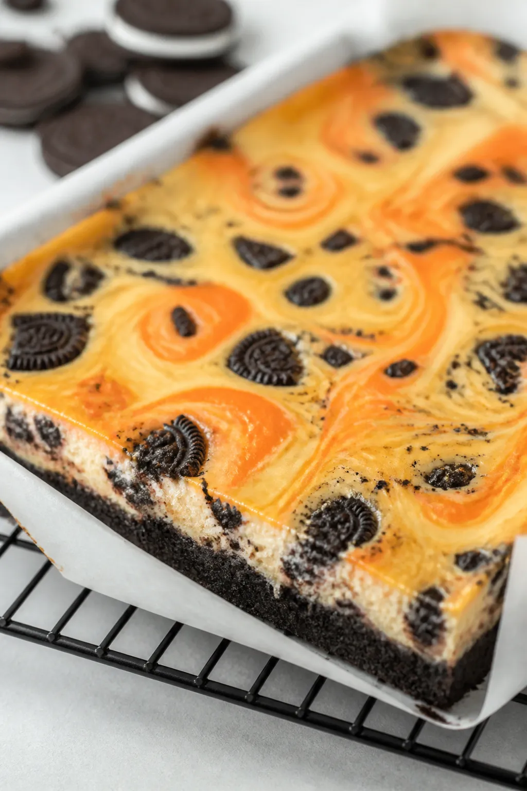 Close-up detail: A just-baked pan of Halloween Oreo cheesecake bars cooling on a wire rack, edges se