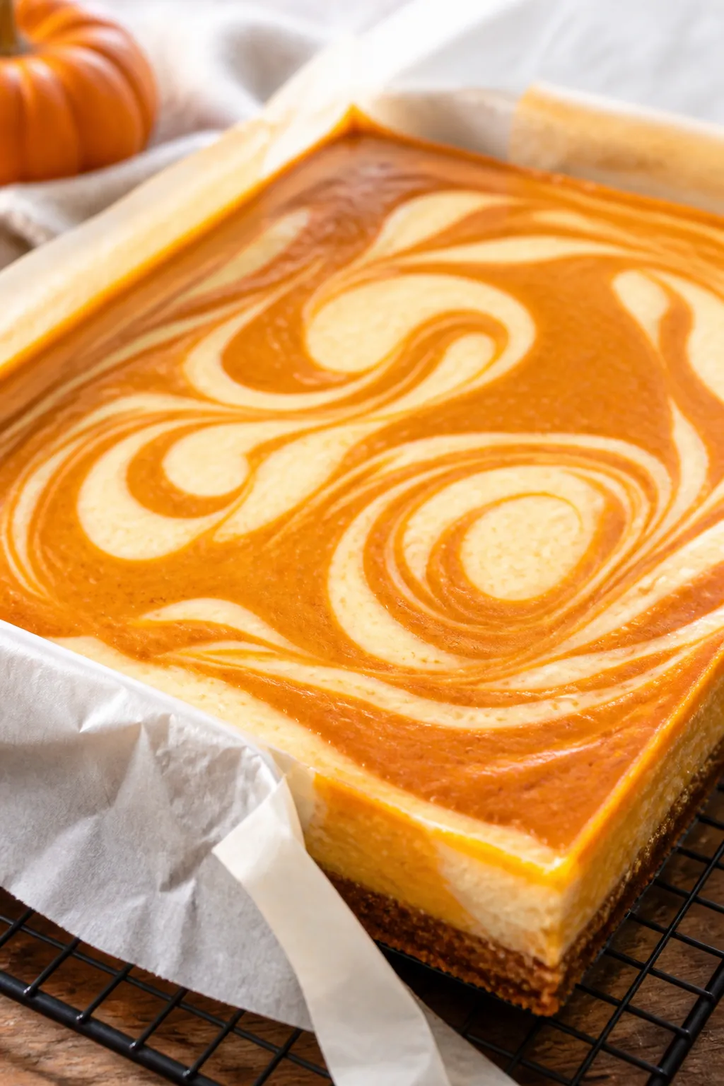 Close-up detail: A just-baked pan of pumpkin cheesecake bars cooling on a wire rack, showing a gloss