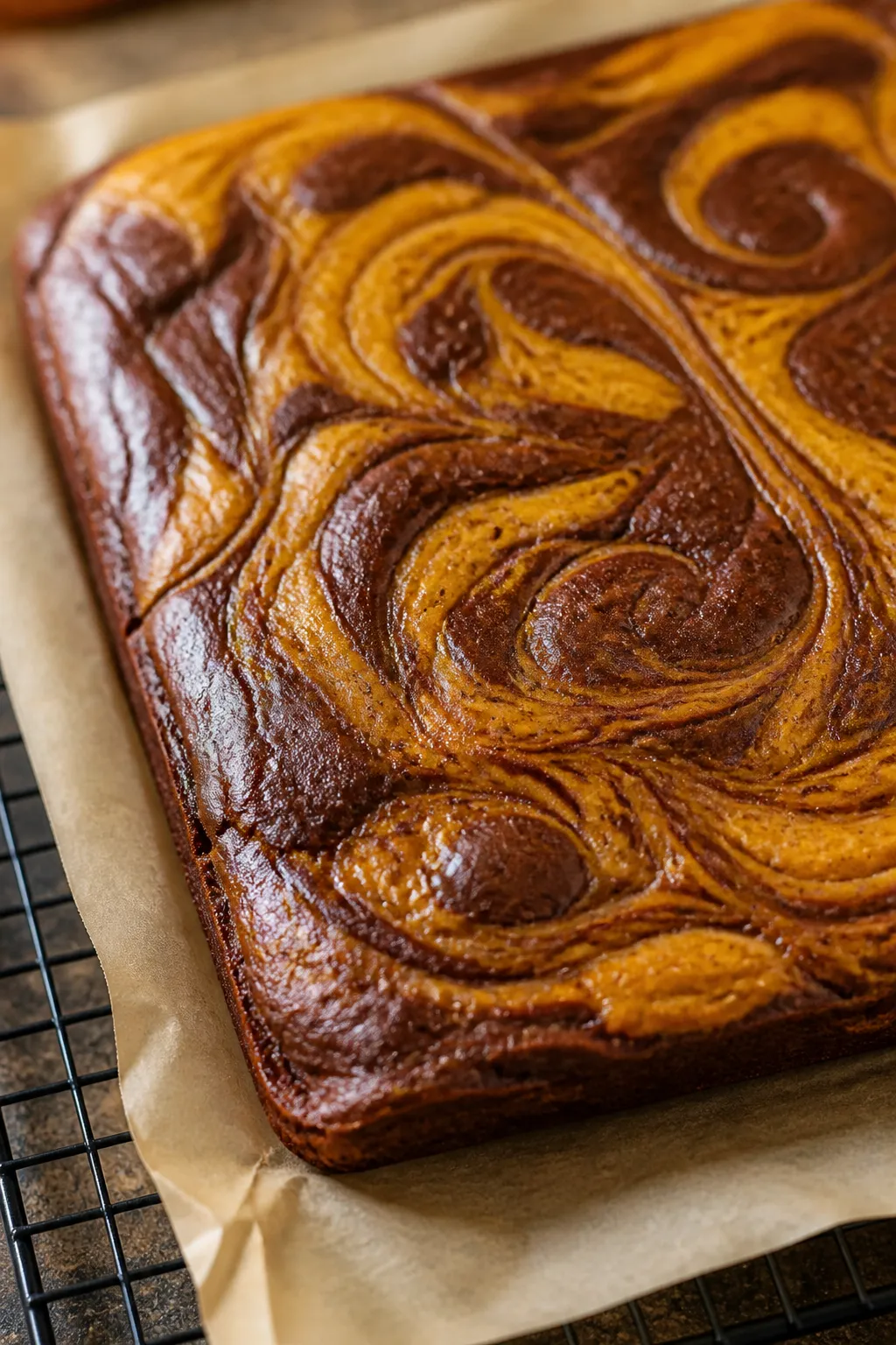 Close-up detail: A just-baked pan of Pumpkin Cream Cheese Brownies cooling on a wire rack, tight mac