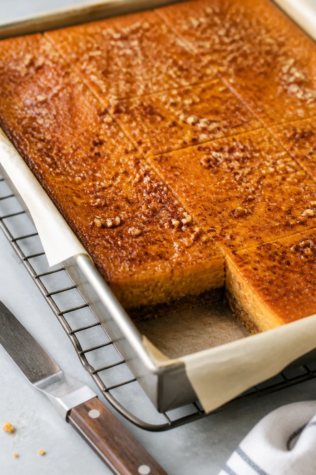 Close-up detail: A just-baked pan of sweet potato pie bars cooling on a rack, edges set with a sligh