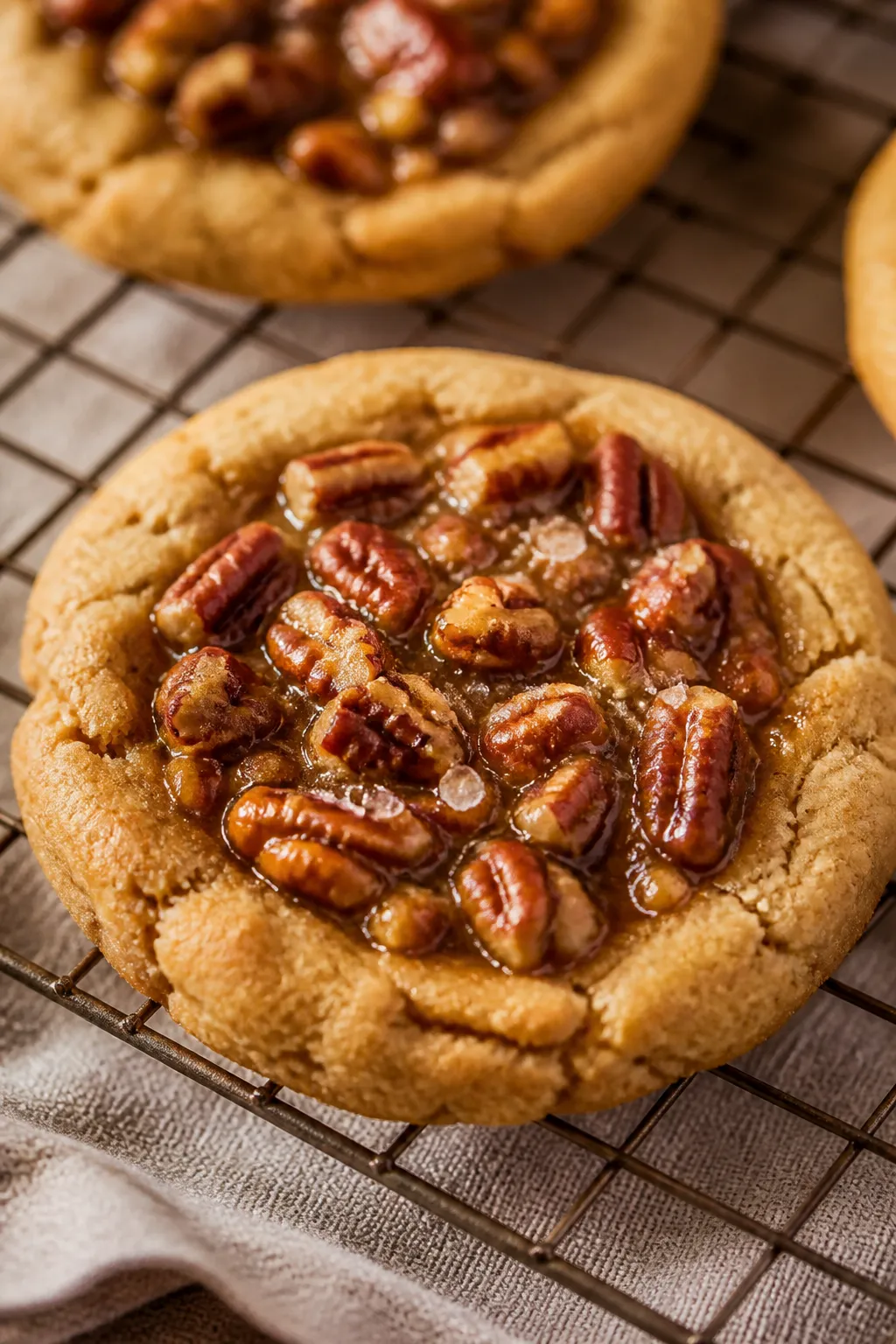 Close-up detail: A just-baked pecan pie cookie on a cooling rack, gooey brown sugar–maple filling 