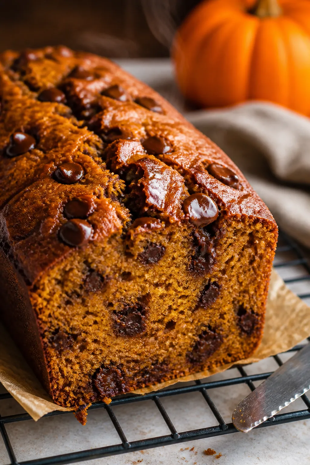 Close-up detail: A just-baked pumpkin chocolate chip bread loaf cooling on a wire rack, crust a deep