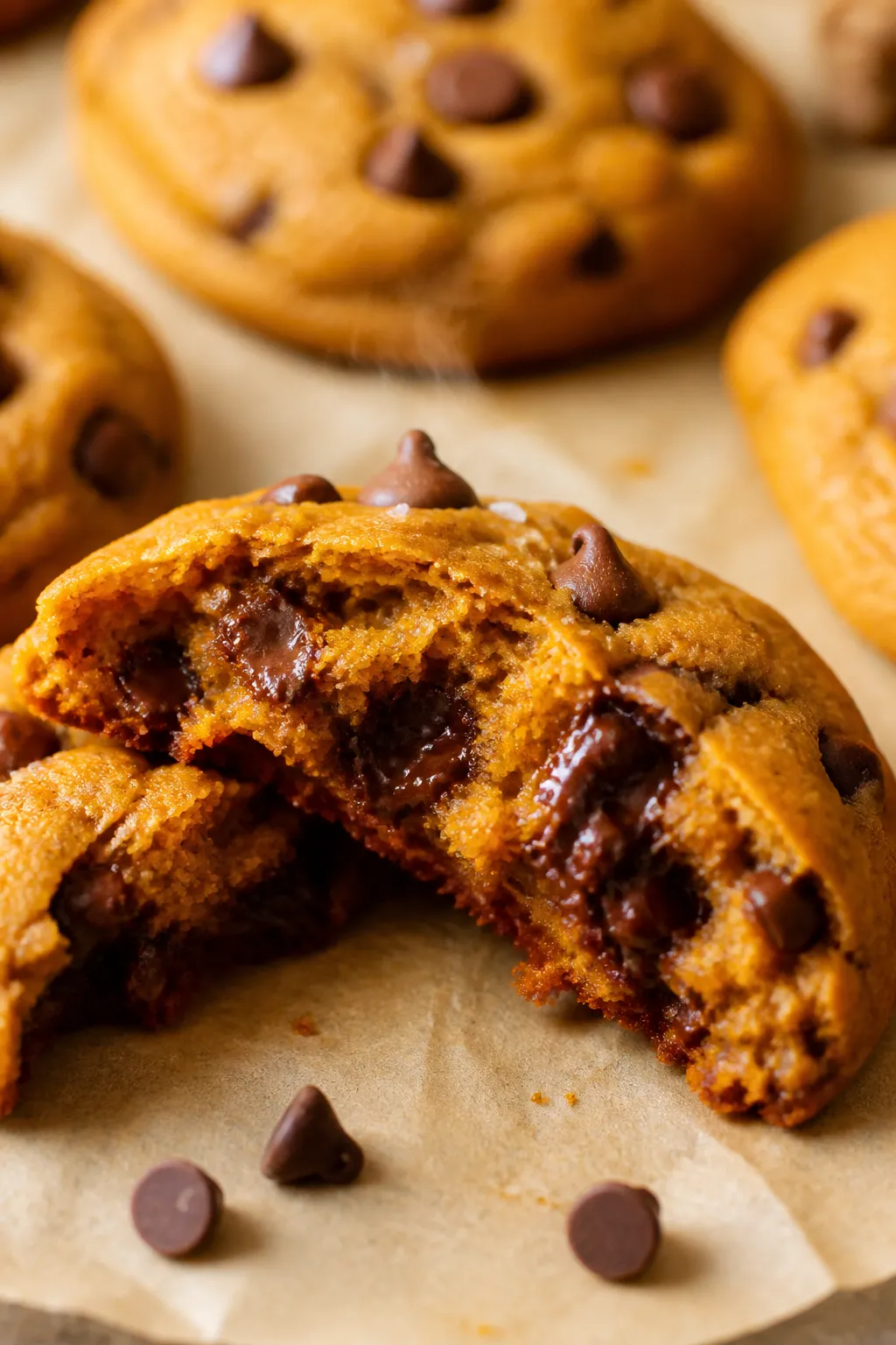 Close-up detail: A just-baked pumpkin chocolate chip cookie torn in half to reveal a soft, cakey, mo