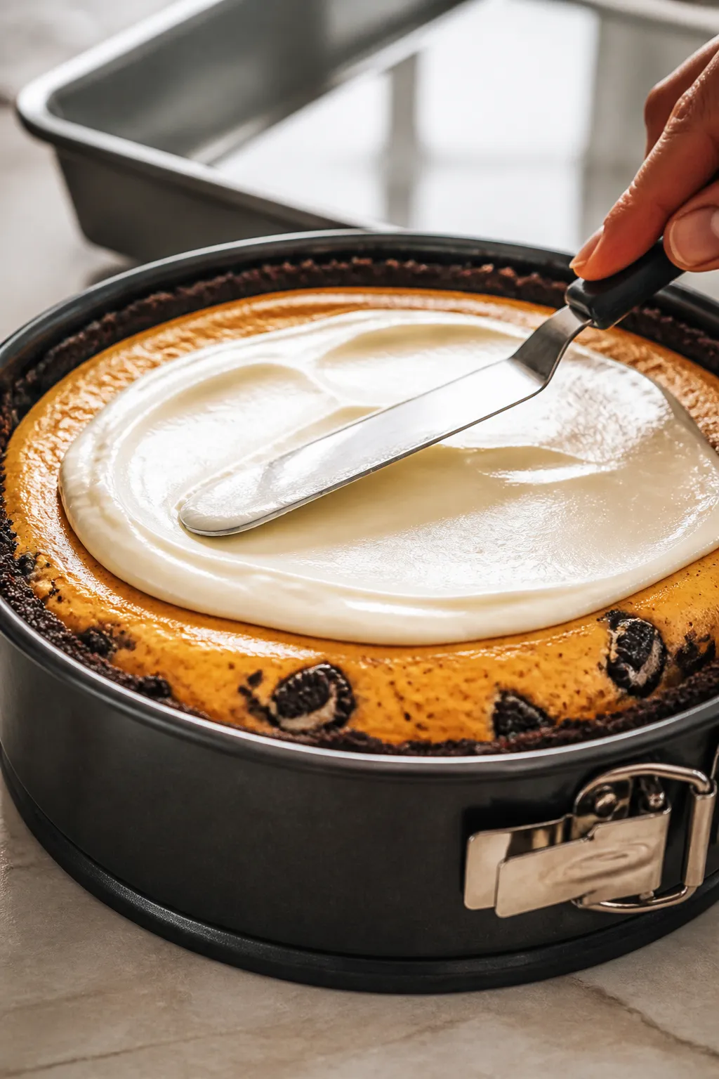 Close-up detail: A just-baked Pumpkin Oreo Cheesecake still in the 9-inch springform pan, edges set 
