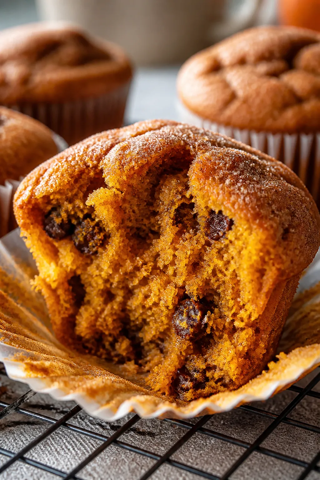 Close-up detail: A just-baked pumpkin spice cupcake torn open to reveal a moist, tender crumb with a