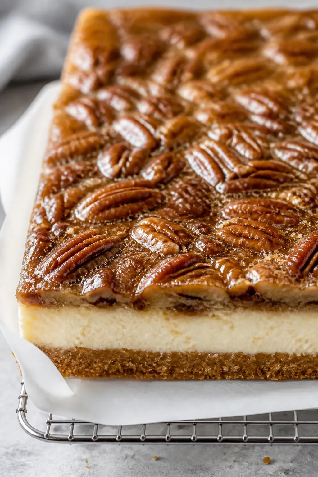Close-up detail: A just-baked slab of pecan pie cheesecake bars cooling on a wire rack, showing the 