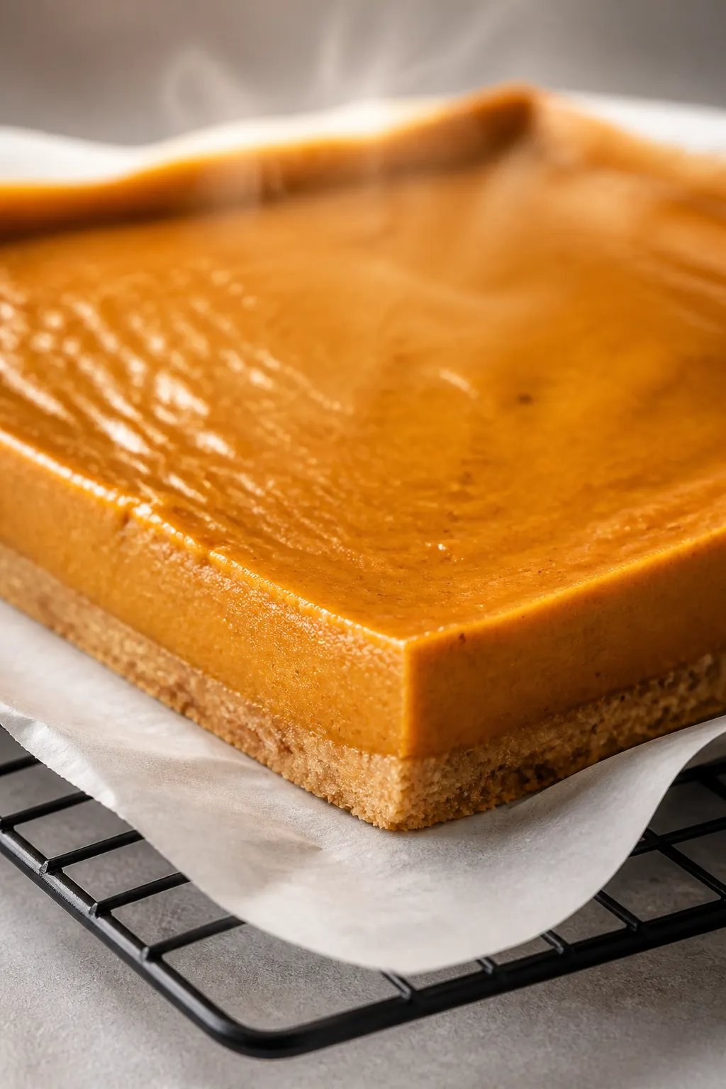 Close-up detail: A just-baked slab of Pumpkin Pie Bars cooling on a wire rack, warm custardy pumpkin