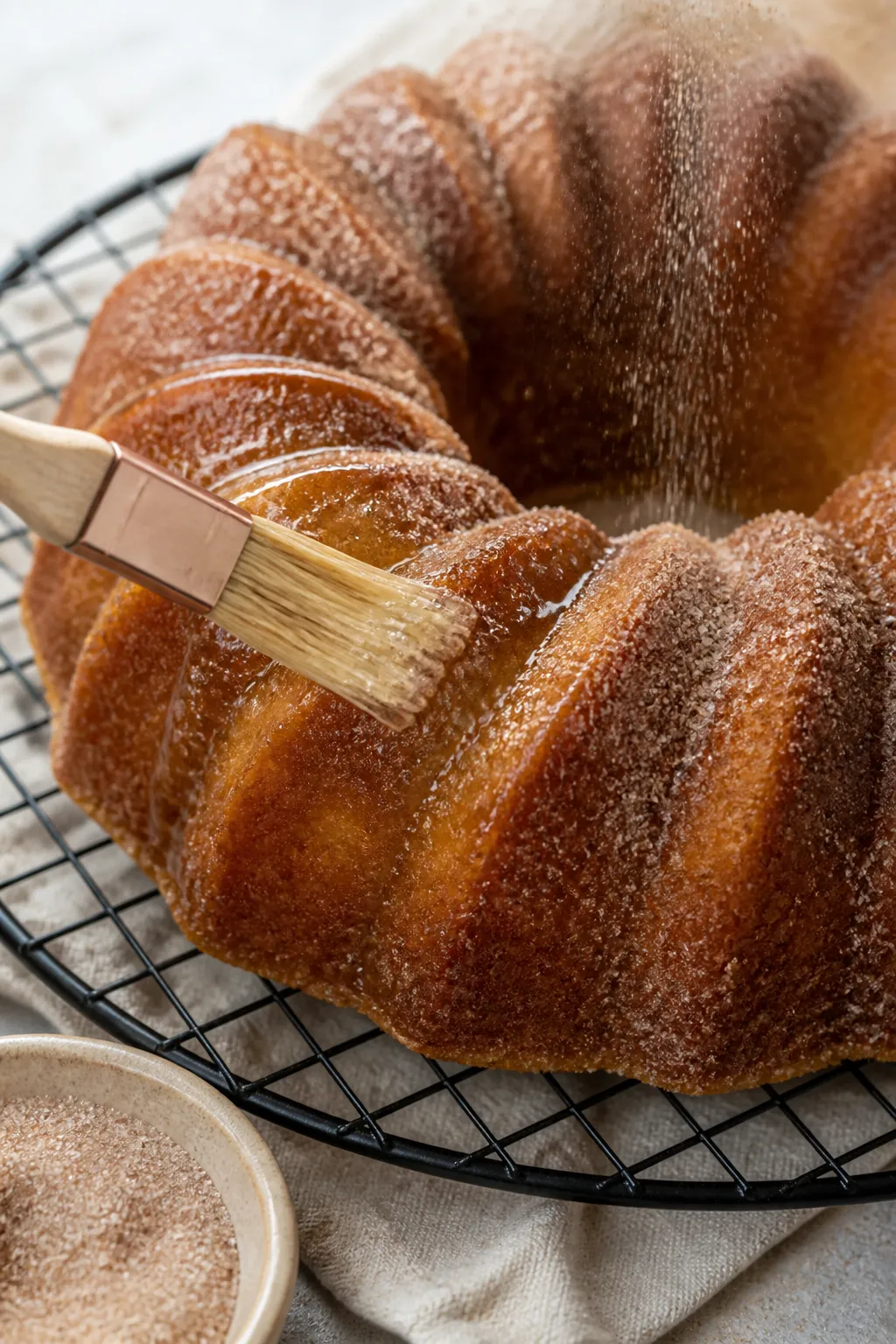 Close-up detail: A just-inverted Apple Cider Donut Cake cooling on a wire rack, still warm, being br