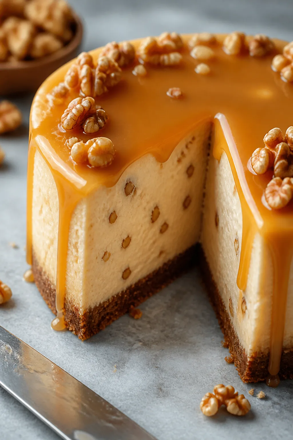 Close-up detail: A just-sliced Maple Walnut Cheesecake showing ultra-creamy, velvety interior with a