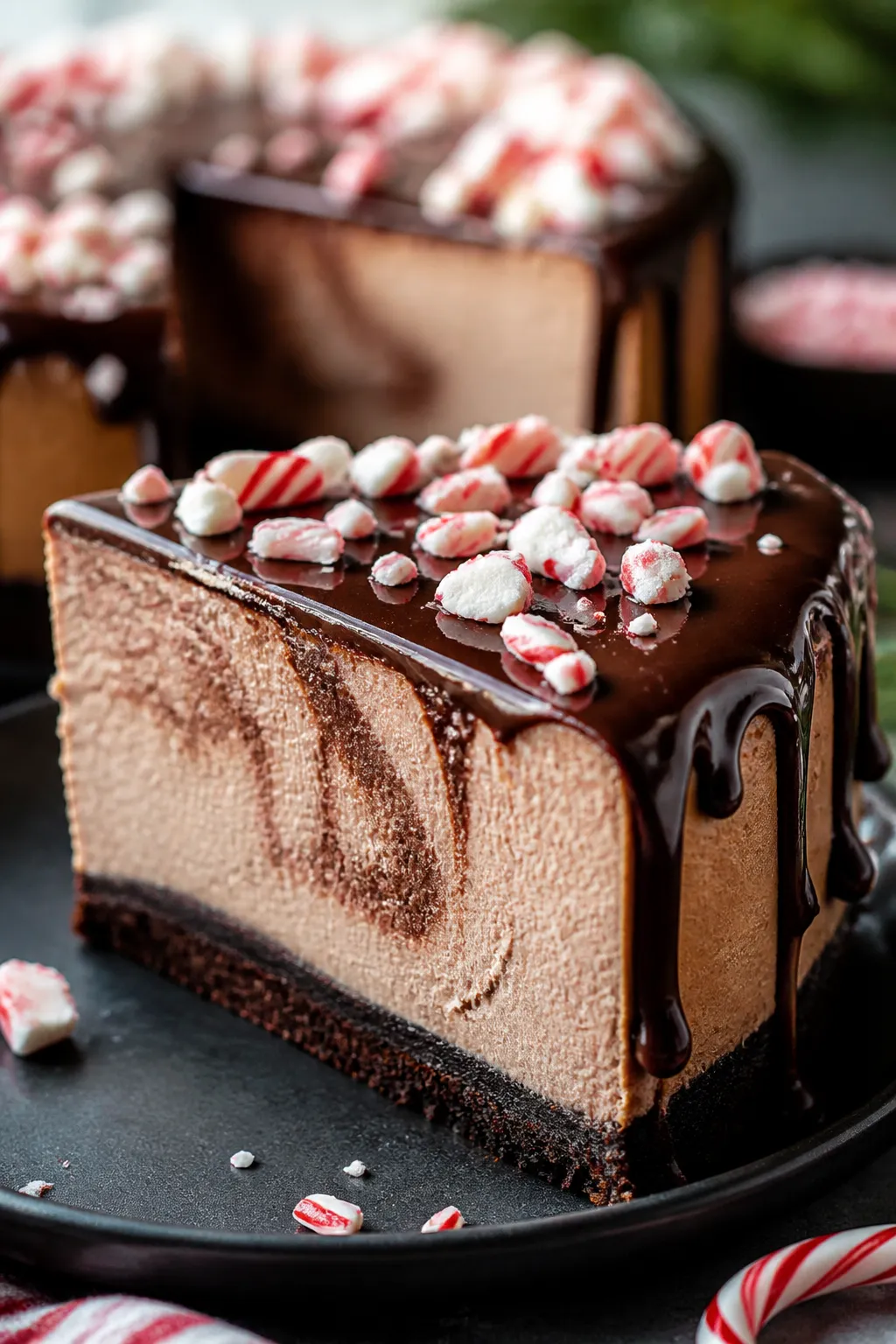 Close-up detail: A just-sliced Peppermint Mocha Cheesecake showing a velvety, ultra-creamy interior 