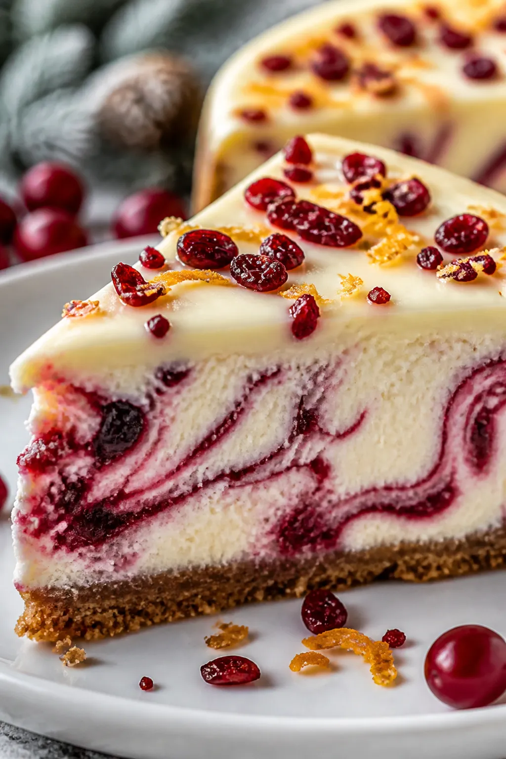 Close-up detail: A silky slice of Christmas Cranberry Bliss Cheesecake just cut, showing glossy cran