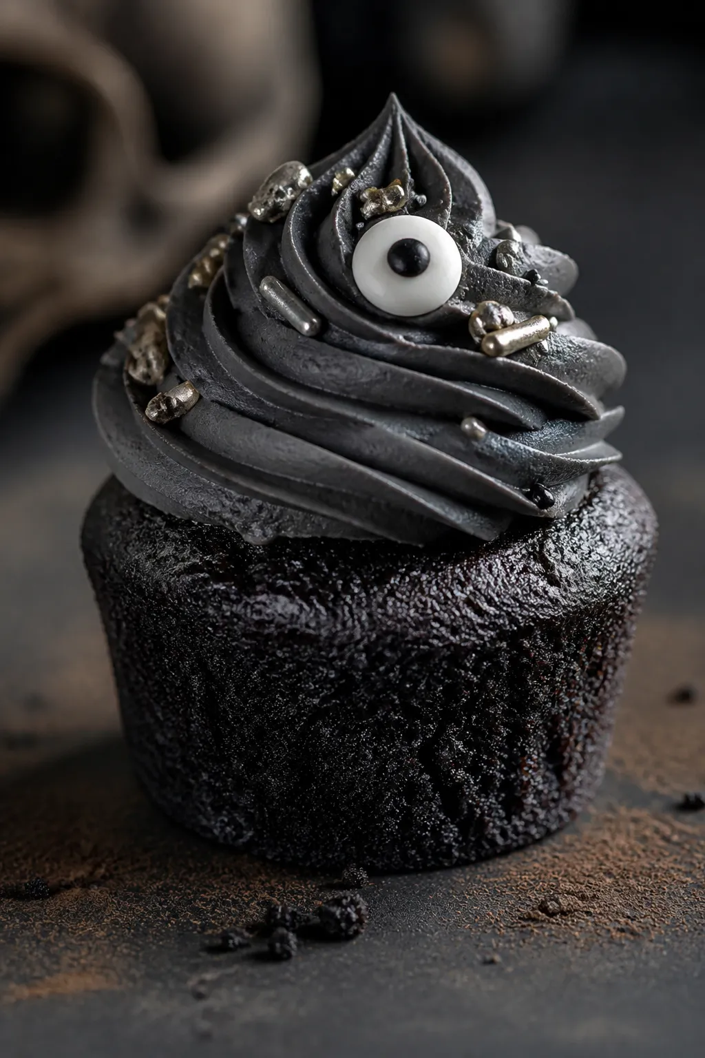 Close-up detail: A single black velvet cupcake just out of the tin, unwrapped to reveal a plush, vel