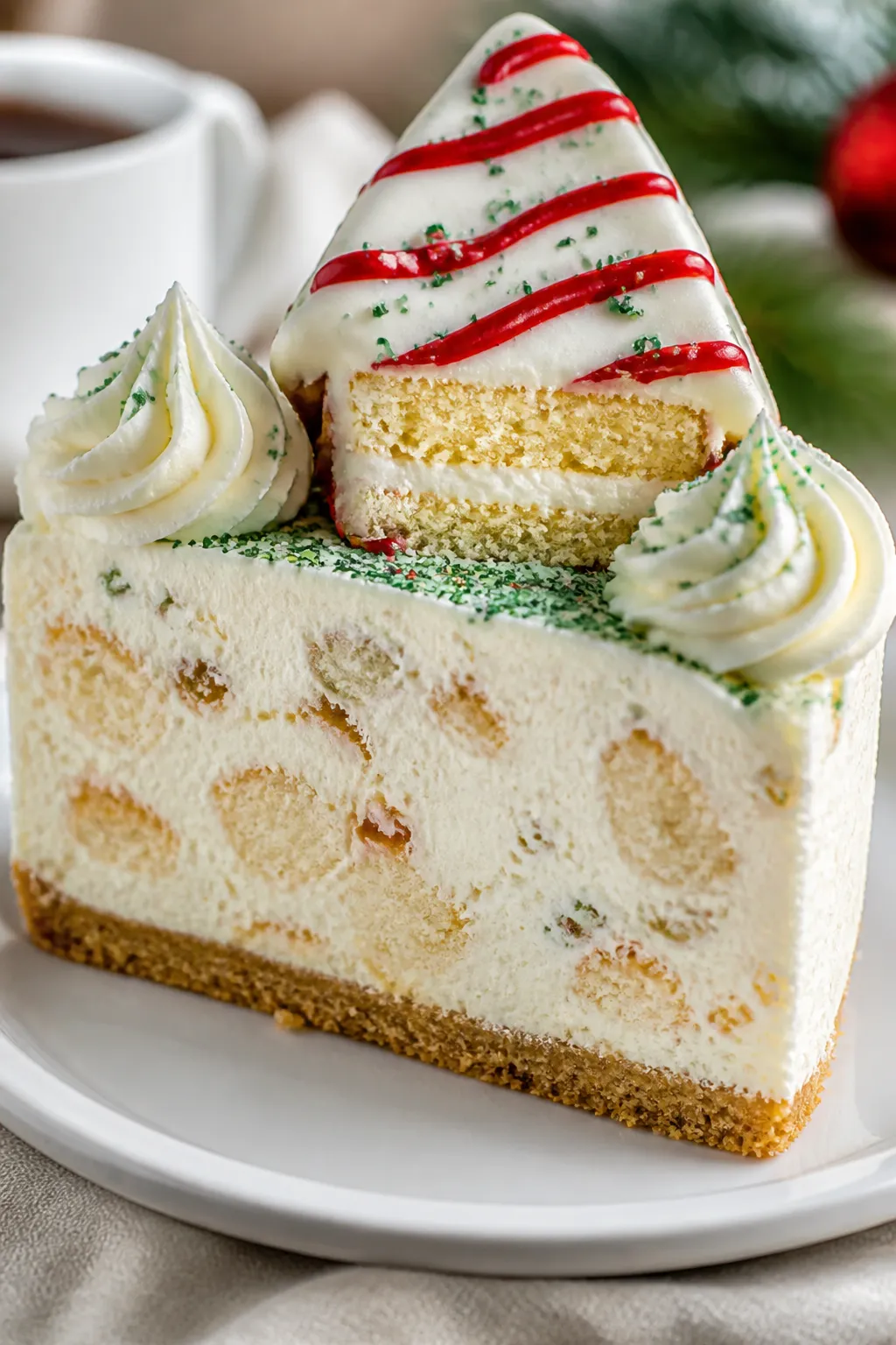 Close-up detail: A slice of Little Debbie Christmas Tree Cake Cheesecake just after clean slicing, s