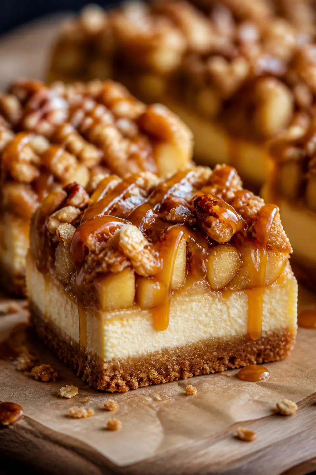 Close-up detail: A sliced Apple Crumble Cheesecake Bar on a parchment-lined board, showing distinct 