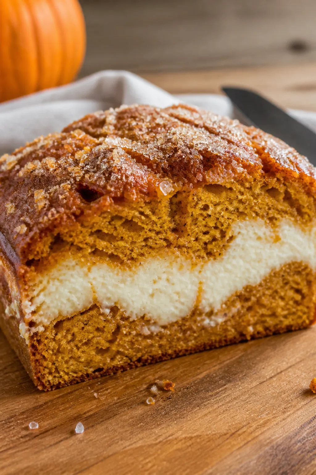 Close-up detail: A thick slice of baked Pumpkin Cream Cheese Swirl Bread on a cutting board, showing