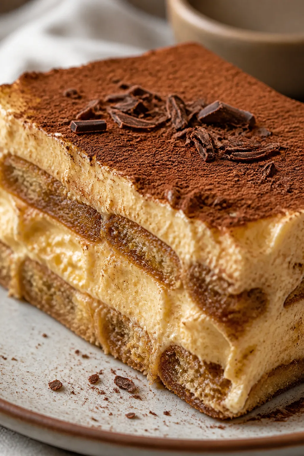Close-up detail: A tight macro shot of a just-sliced piece of Pumpkin Tiramisu, showing ultra-clean 