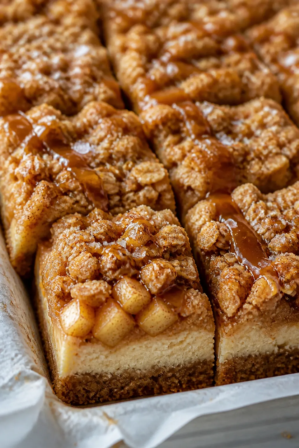 Close-up detail: A tight, shallow–depth-of-field shot of freshly baked Caramel Apple Cheesecake Ba