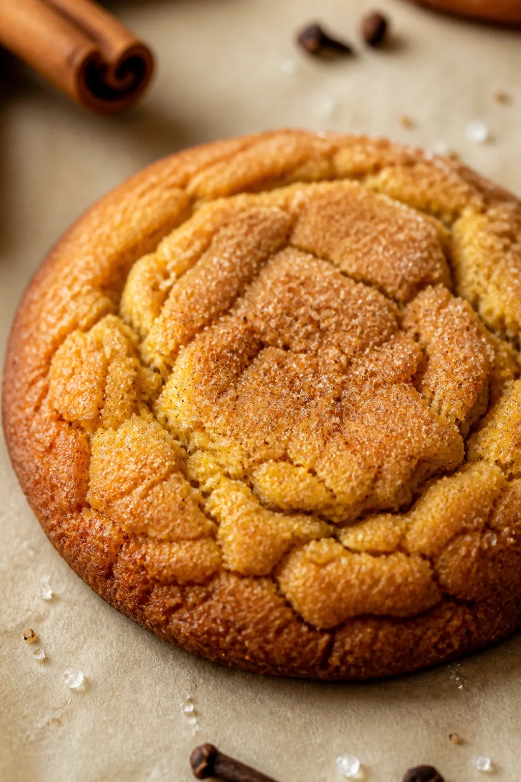Close-up detail: A warm, just-baked Pumpkin Spice Sugar Cookie resting on parchment, edges lightly c