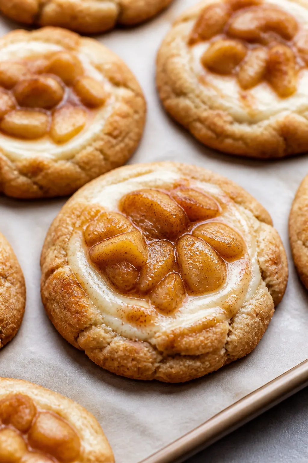 Close-up detail: Freshly baked Apple Pie Cheesecake Cookies just out of the oven, edges set and ligh