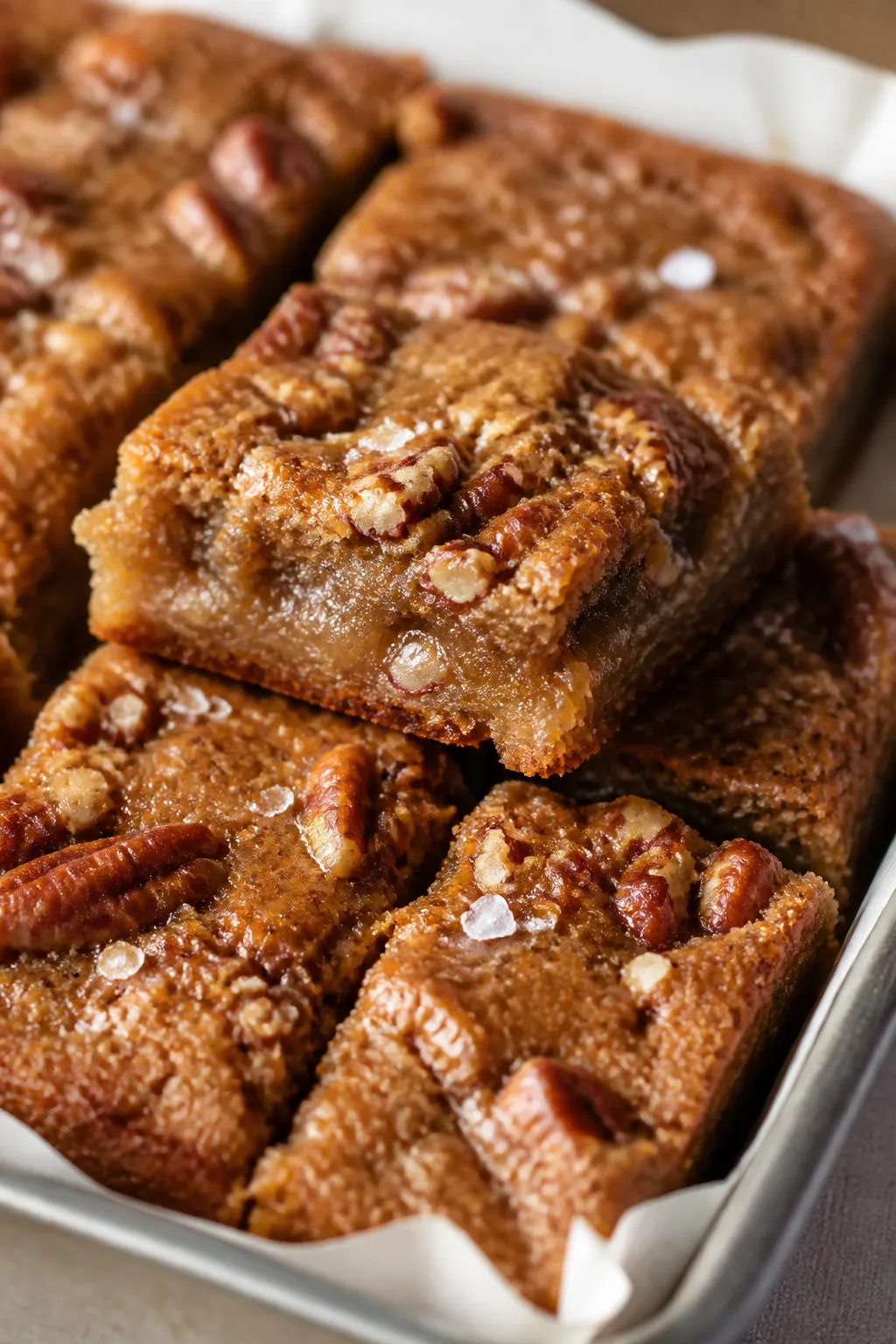 Close-up detail: Freshly baked Brown Butter Toffee Pecan Bars just out of the pan, edges deep golden