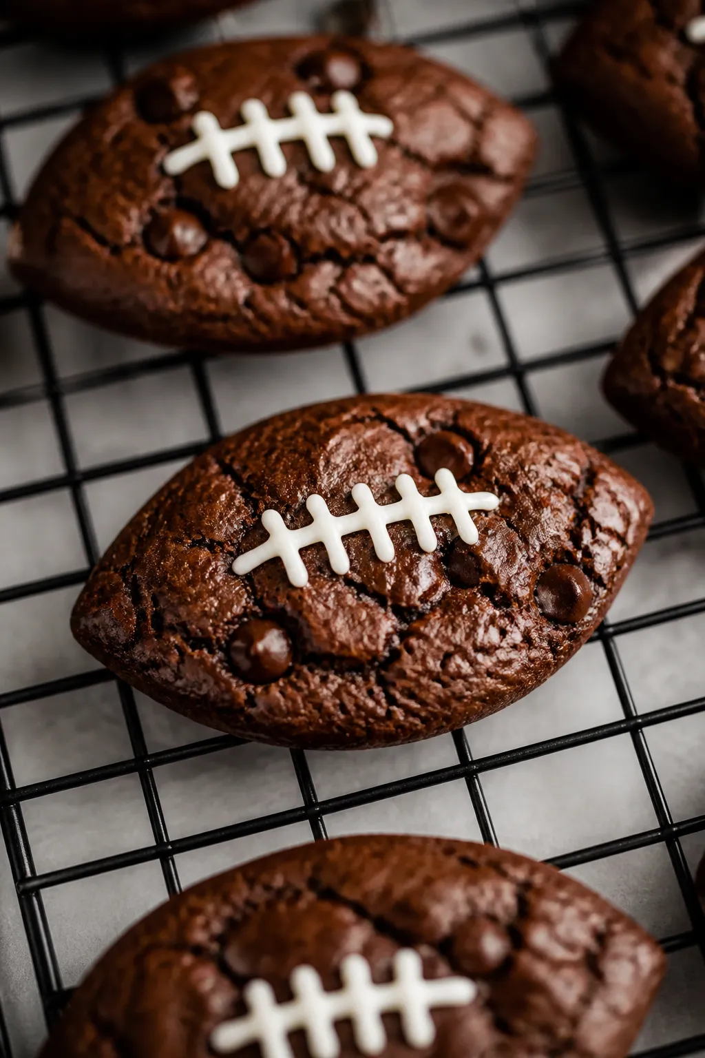 Close-up detail: Freshly baked football-shaped brownie cookies cooling on a wire rack, edges crisp w
