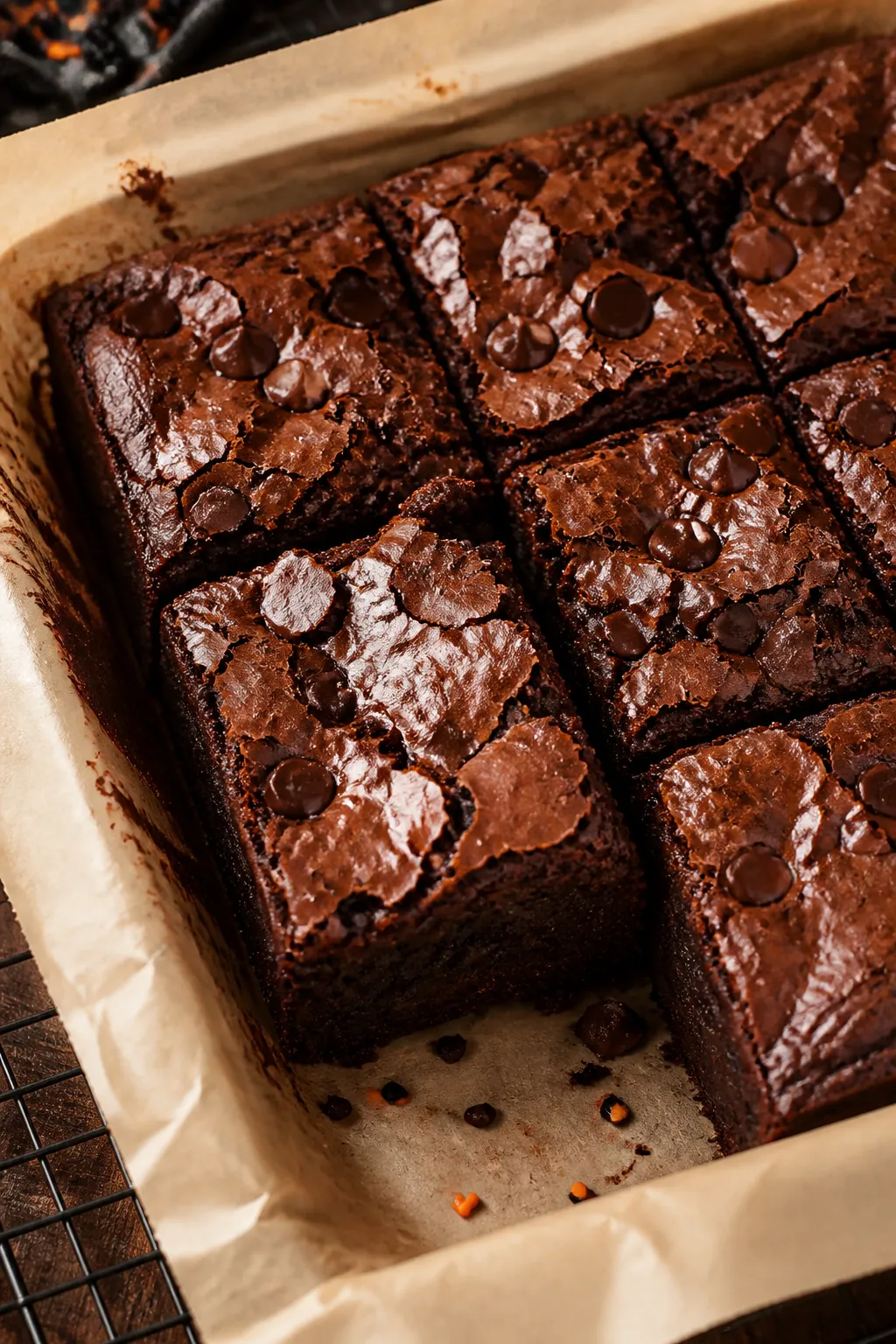 Close-up detail: Freshly baked Halloween brownies still in the parchment-lined 8-inch square pan, ed