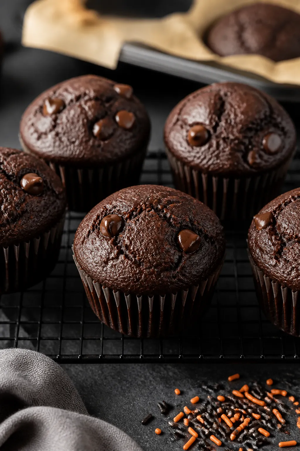 Close-up detail: freshly baked Halloween chocolate cupcakes cooling on a wire rack, domed tops with
