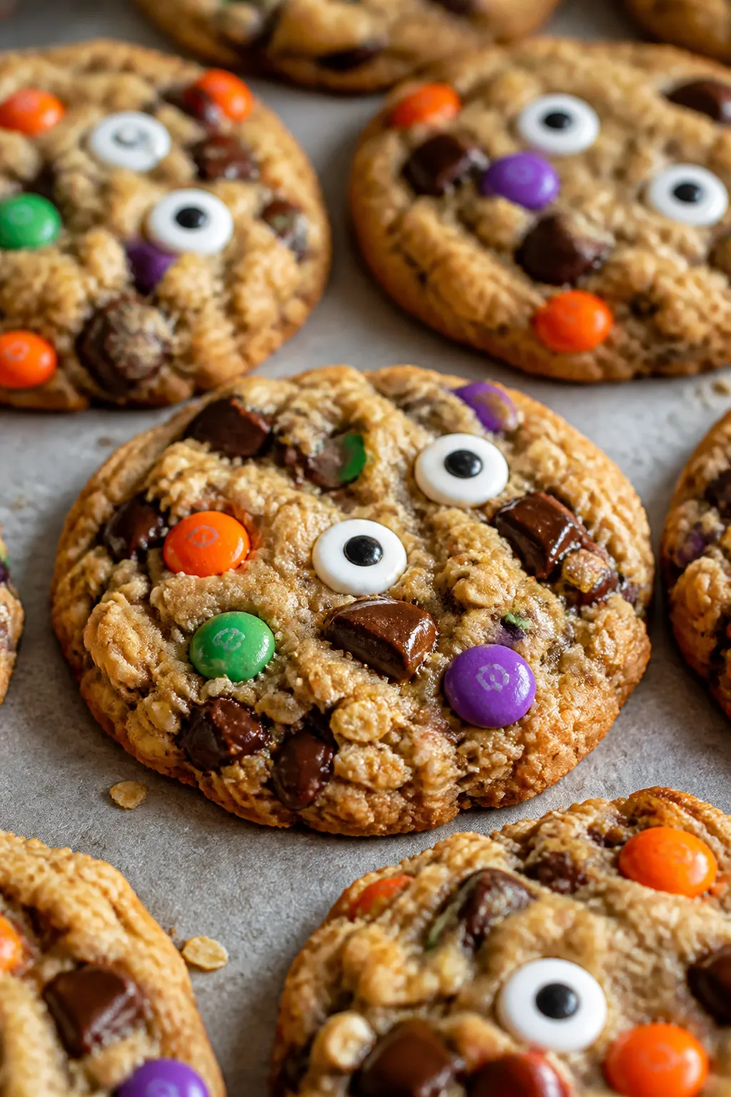 Close-up detail: Freshly baked Halloween Monster Cookies just out of the oven, edges set with soft,