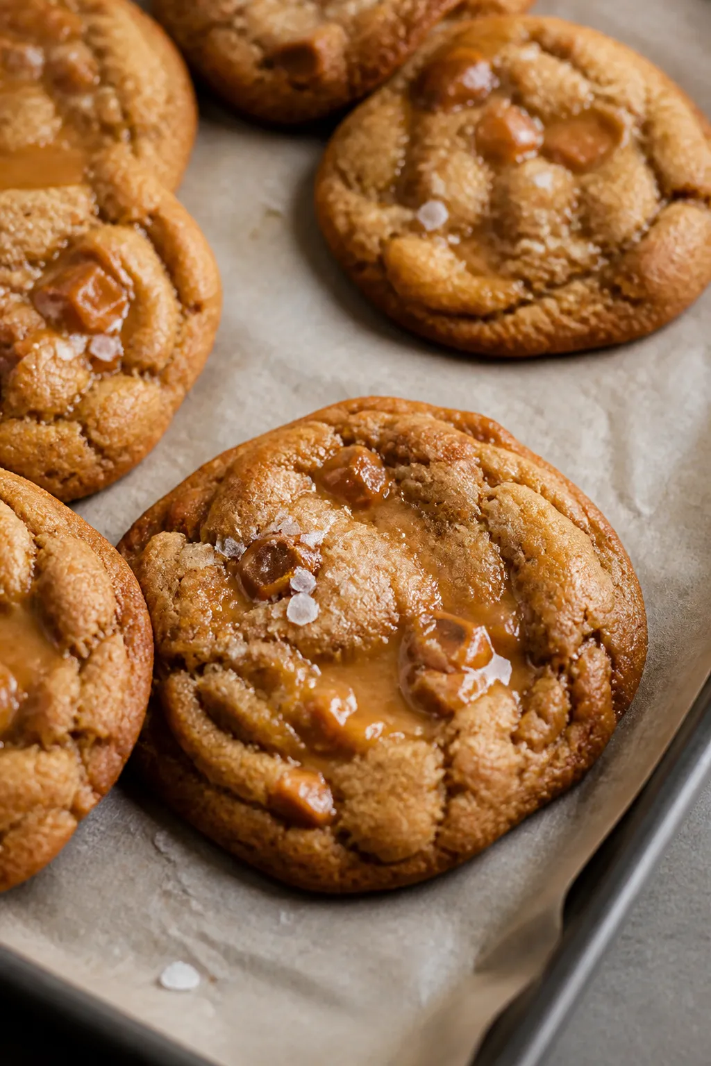 Close-up detail: Freshly baked Maple Toffee Cookies just out of the oven on a parchment-lined baking
